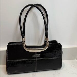 Black Vittorio rectangular handbag, shoulder style with silver type trim